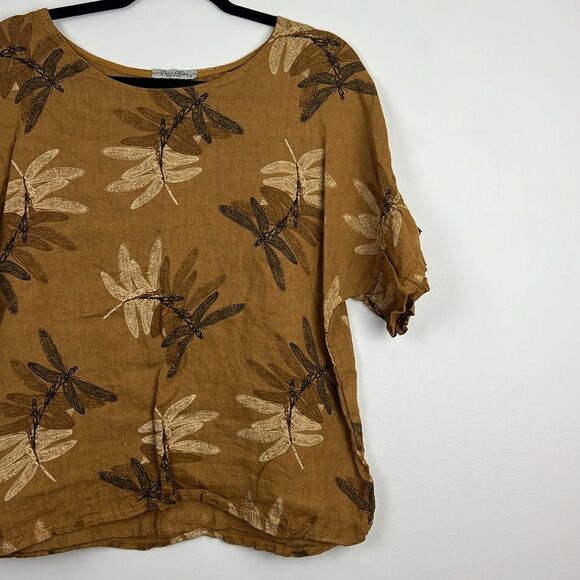 Elena Baldi DragonFly 100% Linen Mustard Yellow Ruffle Sleeve Blouse Small - Picture 12 of 14